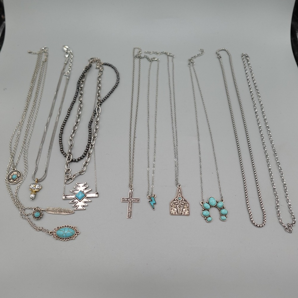 Necklace Lot Silver Tone Turquoise Pendant Cross Feather Boho Western Charms